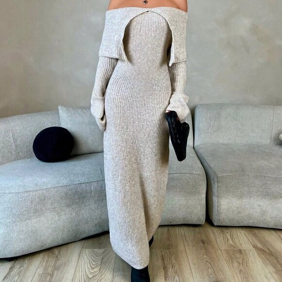 Khaki Elegant Women's Solid Color Long Sleeve Off Shoulder Casual Dress - Picture 1 of 6